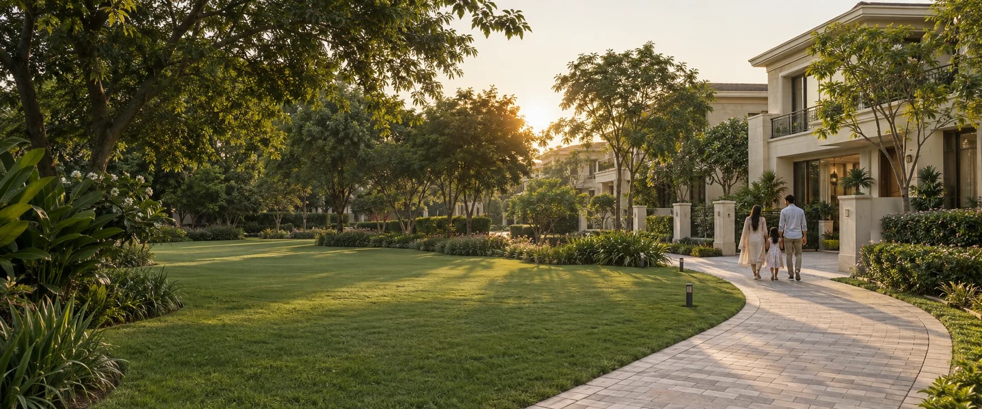 A family walking home through a landscaped neighbourhood at sunset