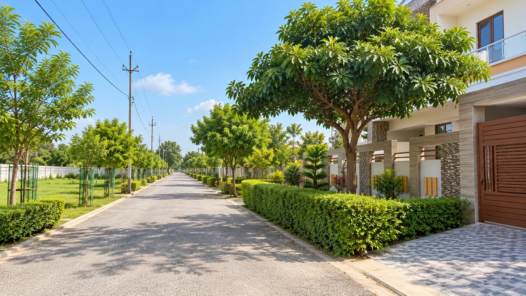 Illustrative streetscape with open plots and an individual home