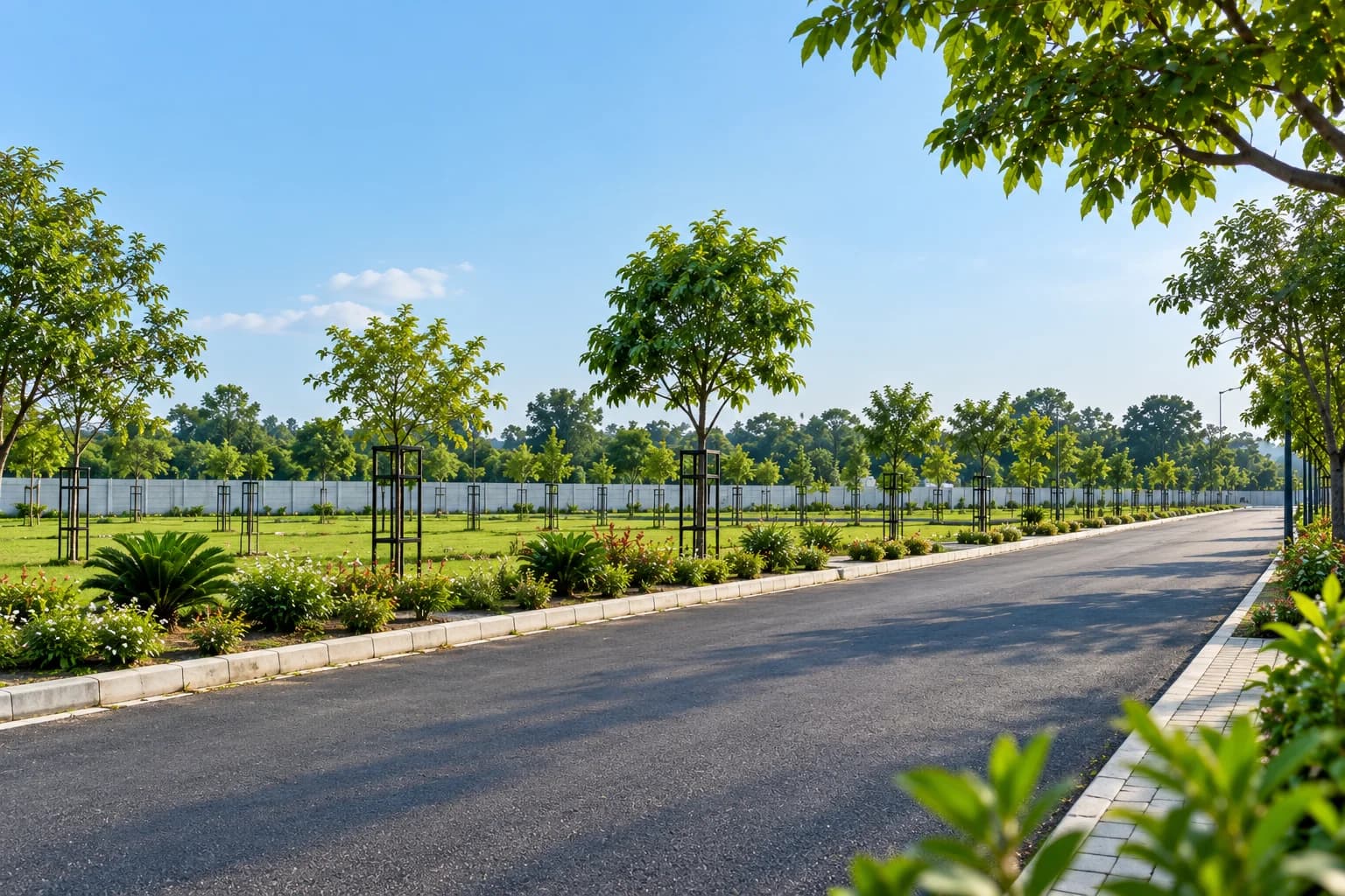 Illustrative view of open green plots beside a landscaped internal road