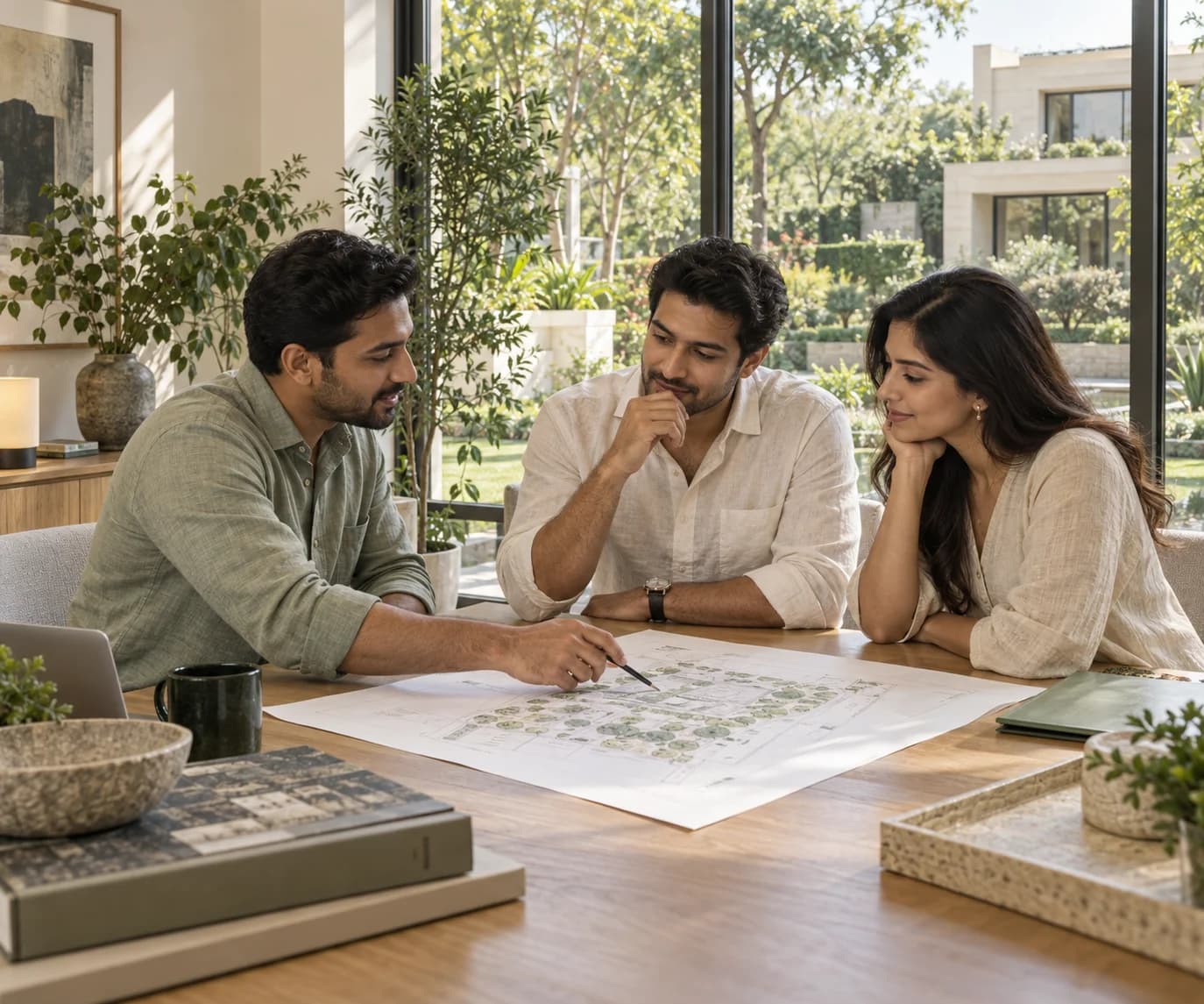 A couple discussing a residential site plan with a property advisor