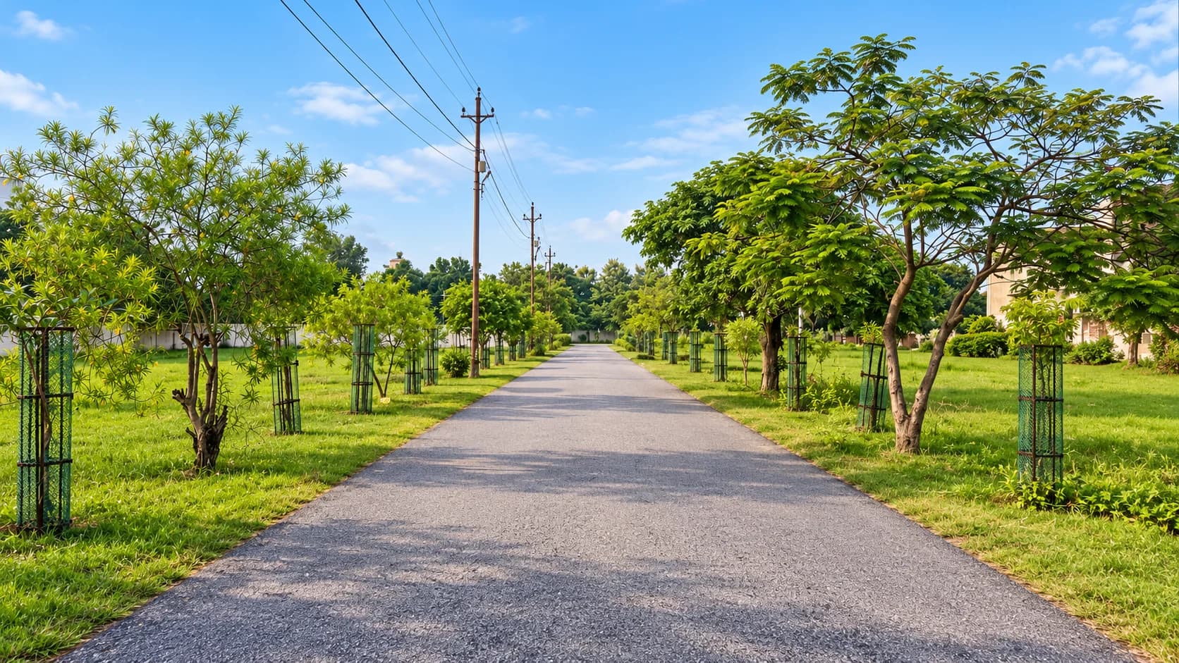 Tree-lined internal road and open land at Santushti Enclave